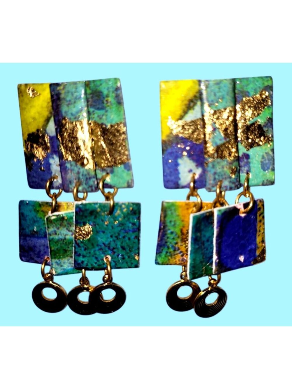 Vtg Abstract Paper Art Dangle Earrings Stacked Rectangles Blue Green Yellow Foil